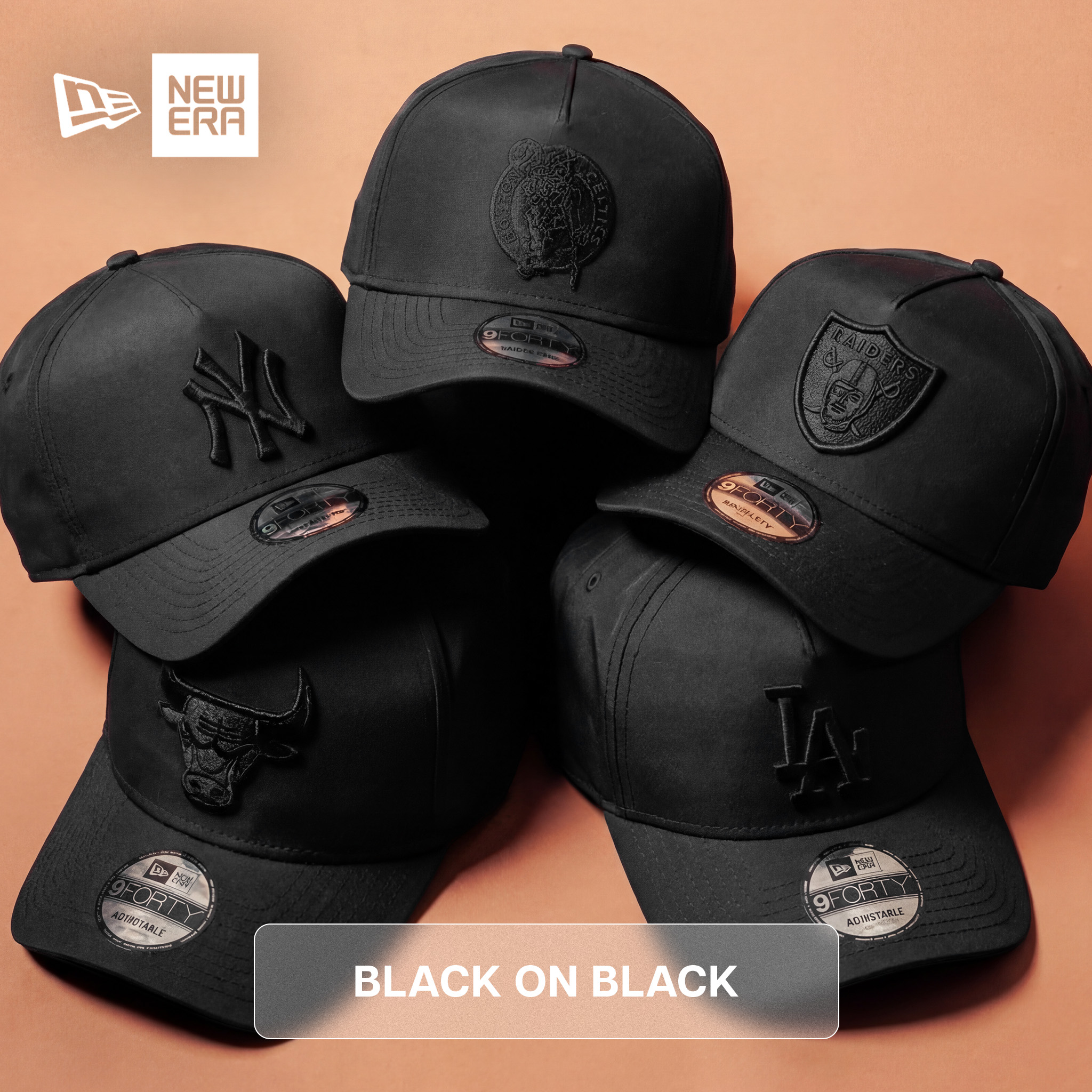 Four black caps displayed on a tan background. Text reads 