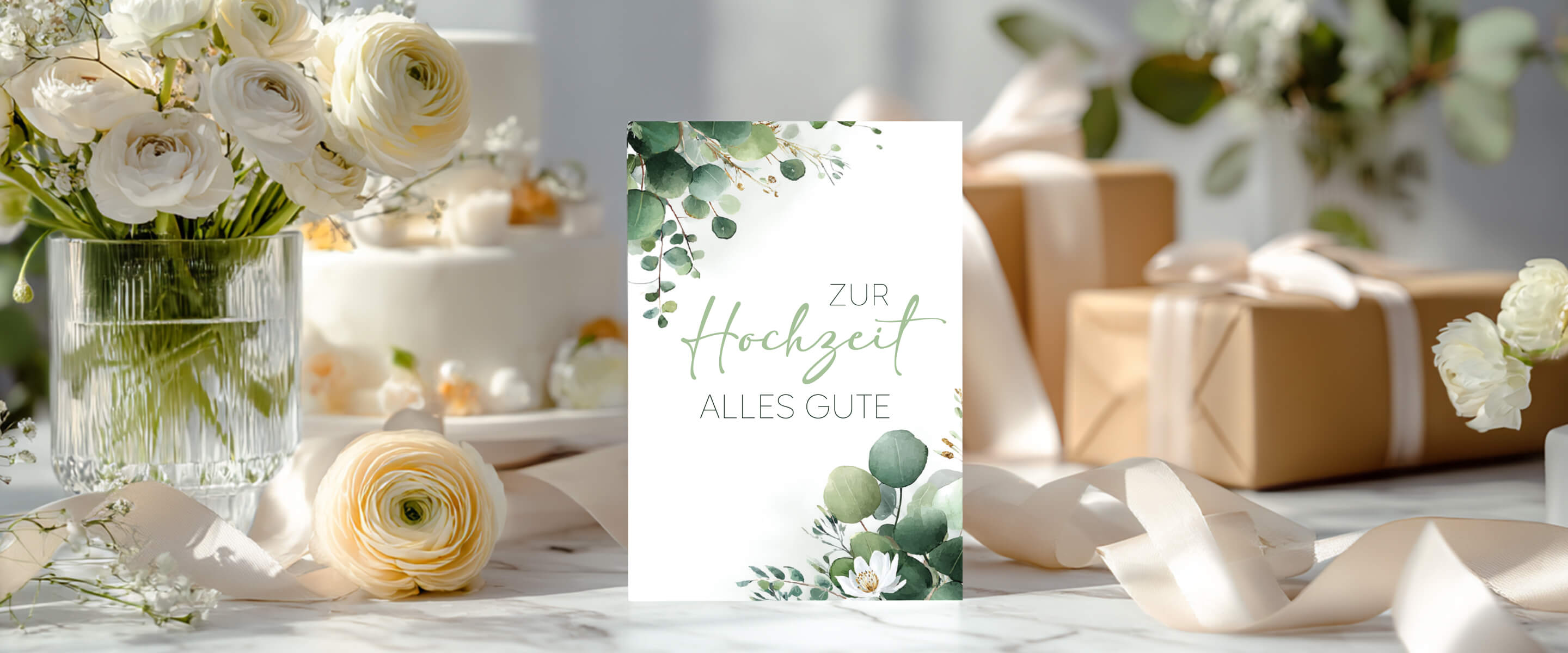 A greeting card surrounded by flowers and gift boxes on a table.