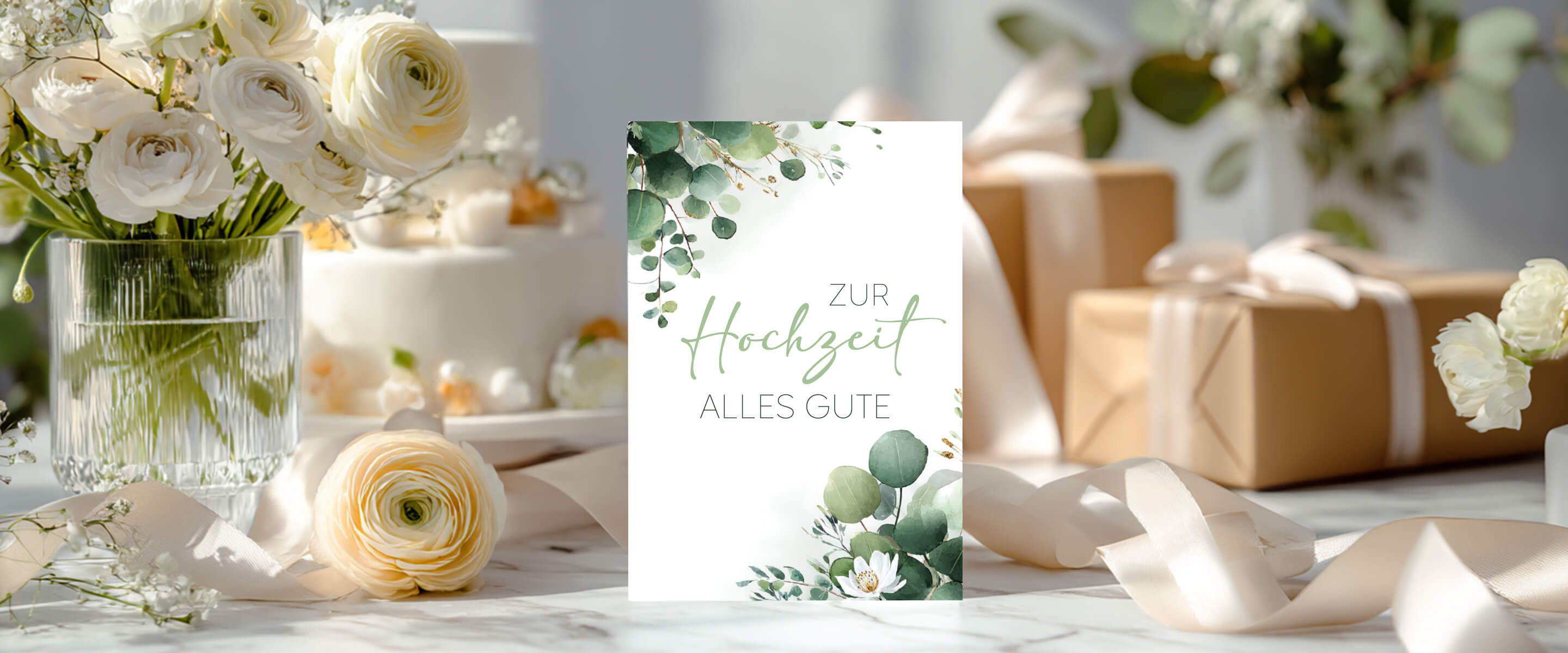 A greeting card surrounded by flowers and gift boxes on a table.