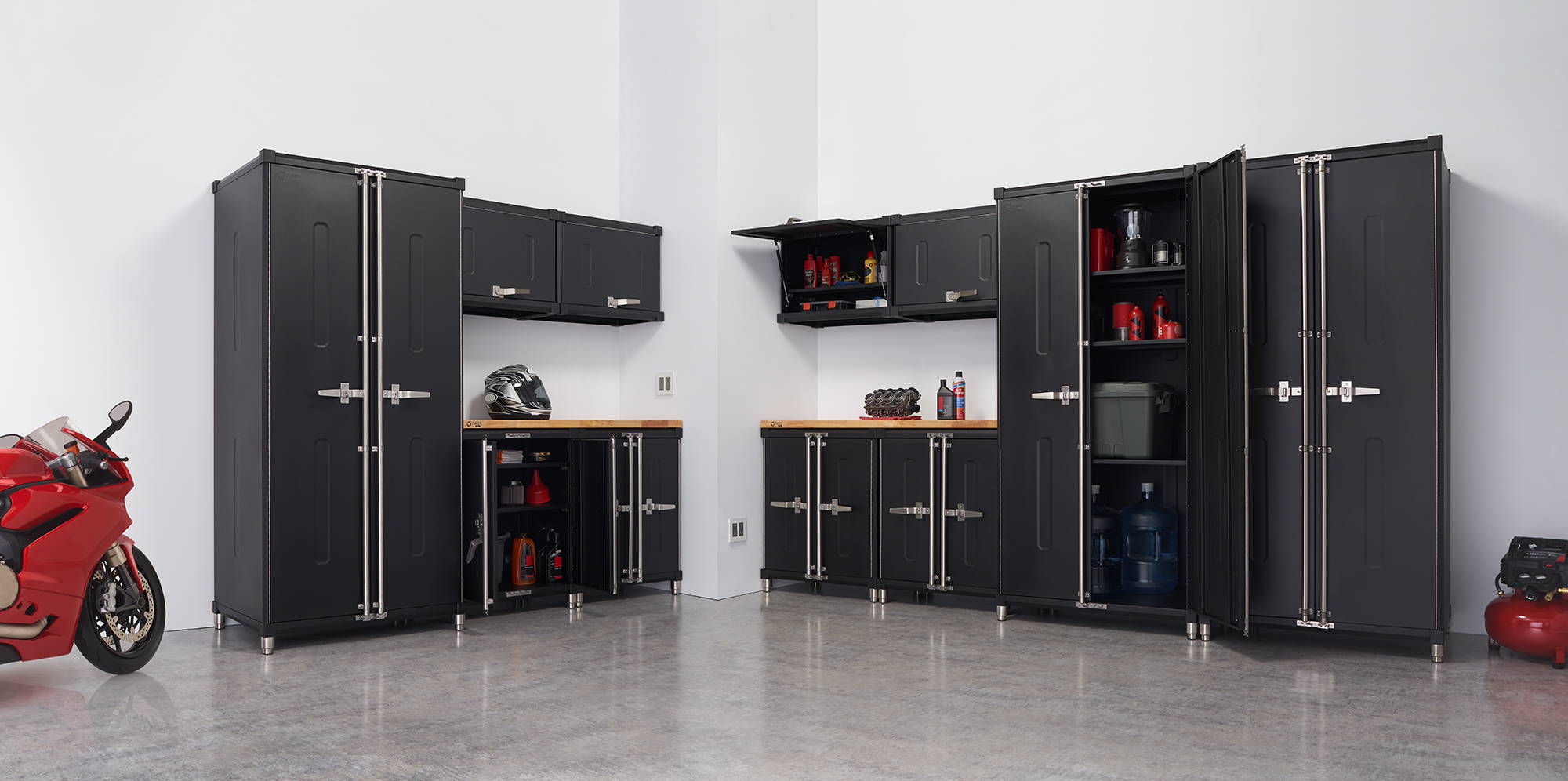 13-piece trinity pro garage cabinet set filled with car 
