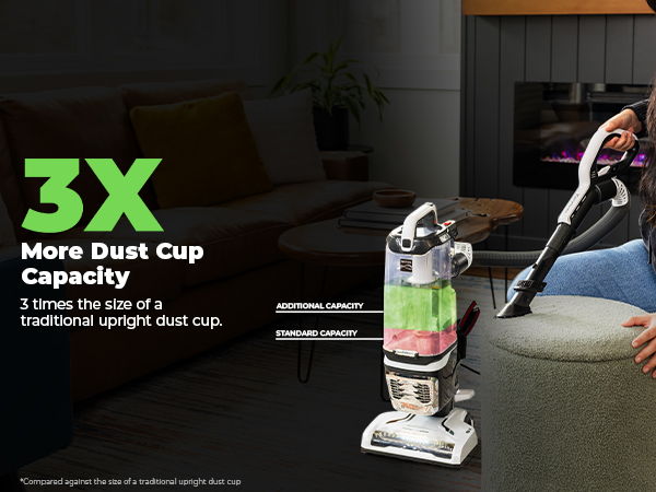 Vacuum cleaner showcasing three times more dust cup capacity.