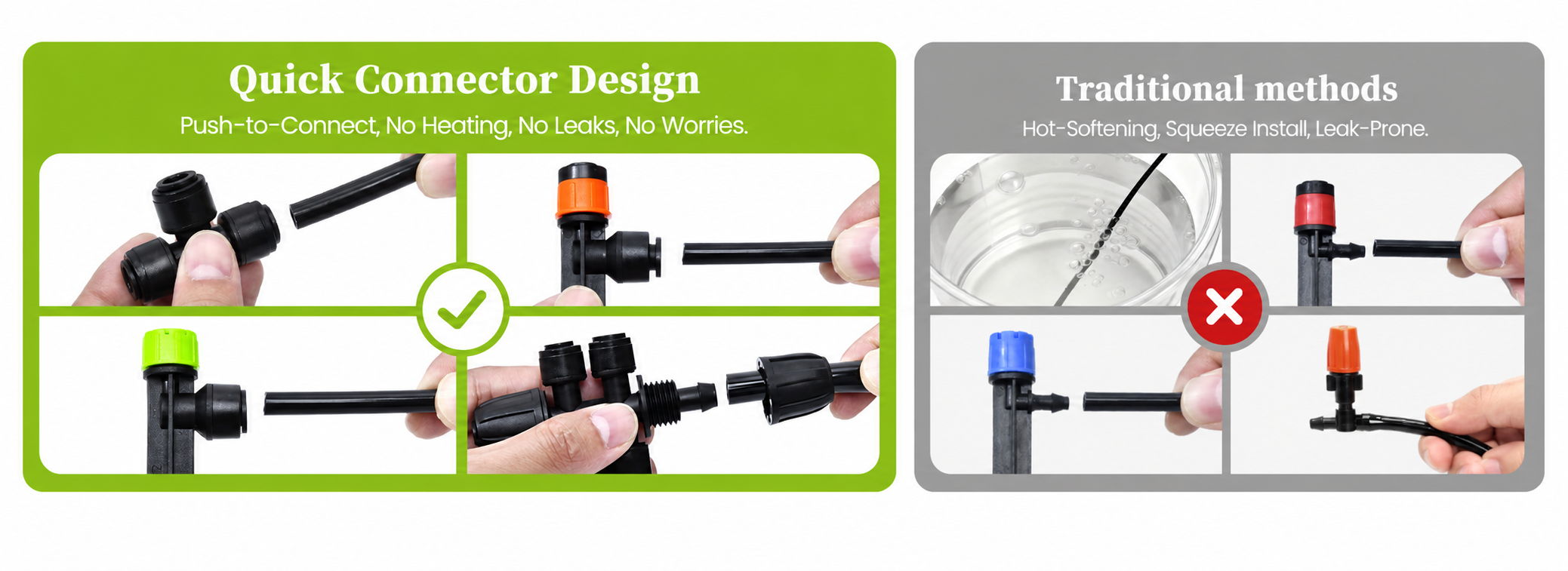 Comparison of quick connector design versus traditional methods for connecting hoses.