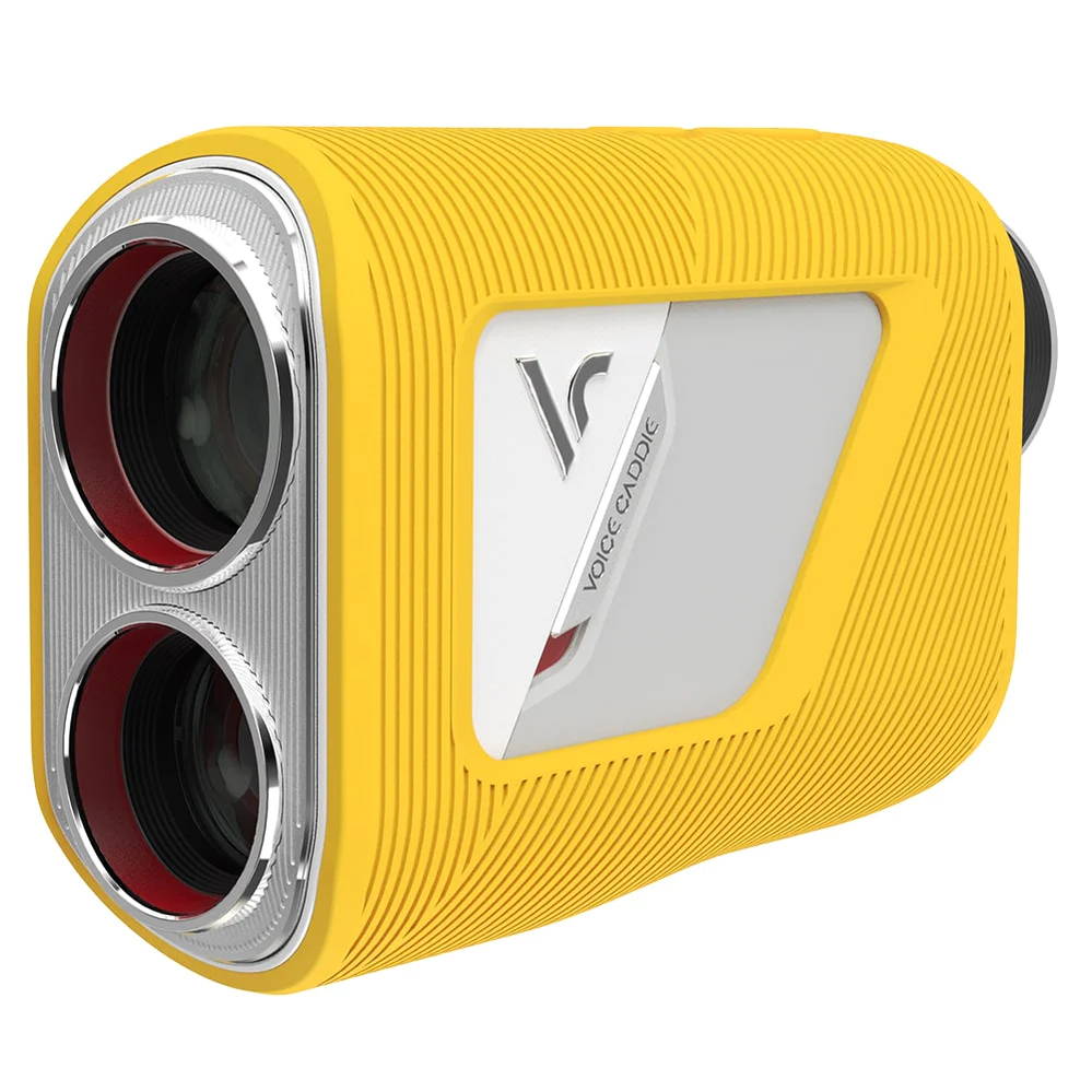 The Voice Caddie TL1 golf laser rangefinder with yellow protective case