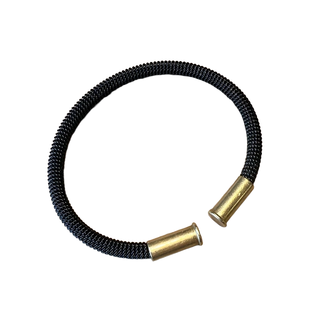 Black coiled hose with brass ends.