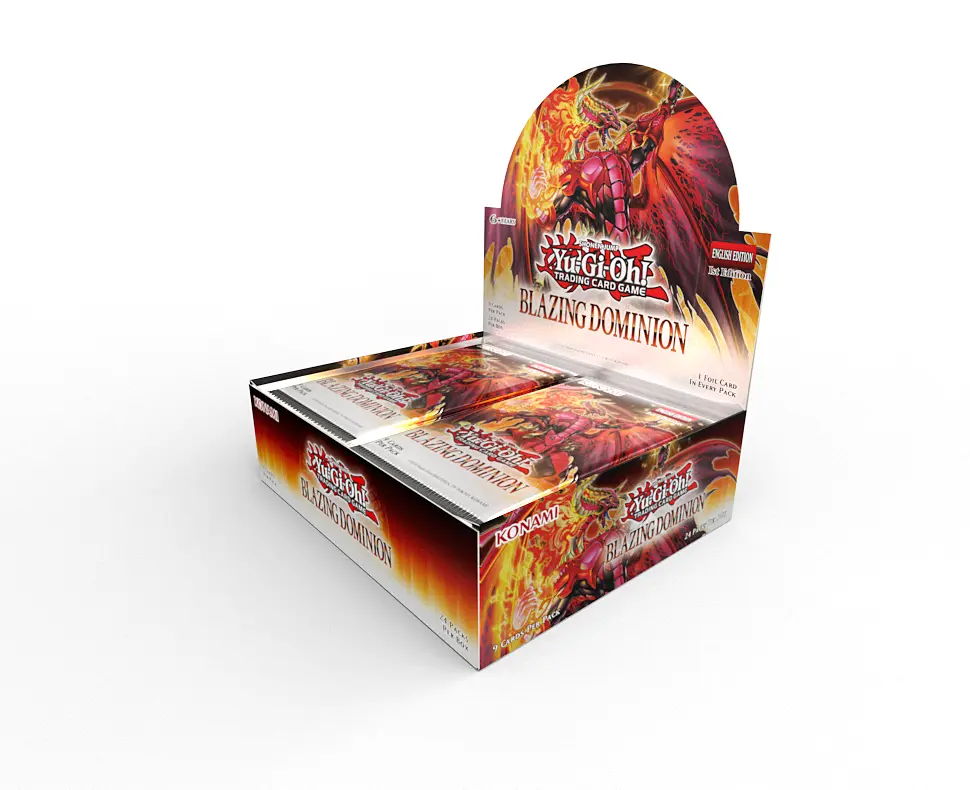 yu gi oh blazing dominion booster box Display box for trading cards with a dragon graphic design.