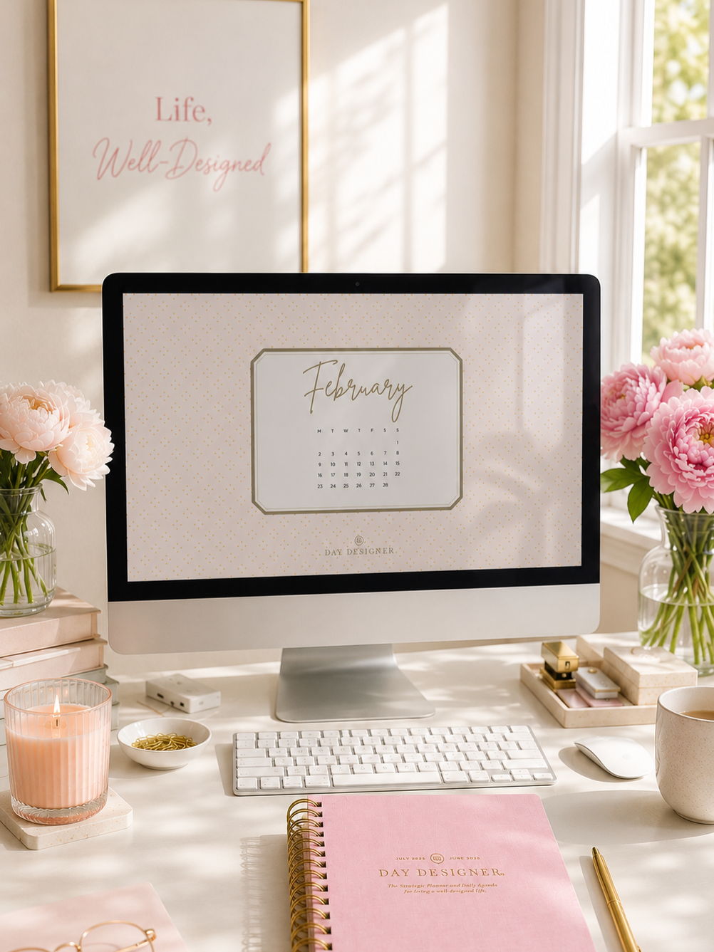 february 2026 digital wallpaper shown on desktop, pink planner, candle, vases with flowers, coffee, office supplies, framed picture, window