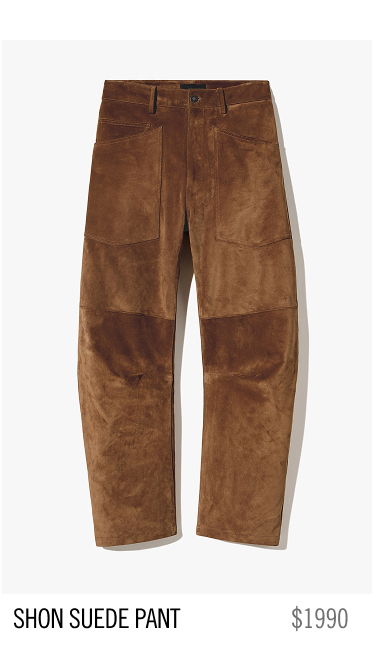 Brown suede pants displayed on a white background with price tag.