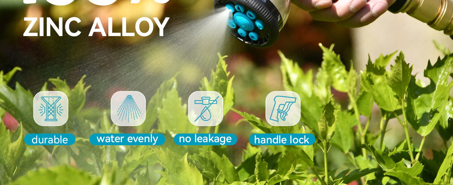 Hand holding a flashlight over green plants with text about zinc alloy.