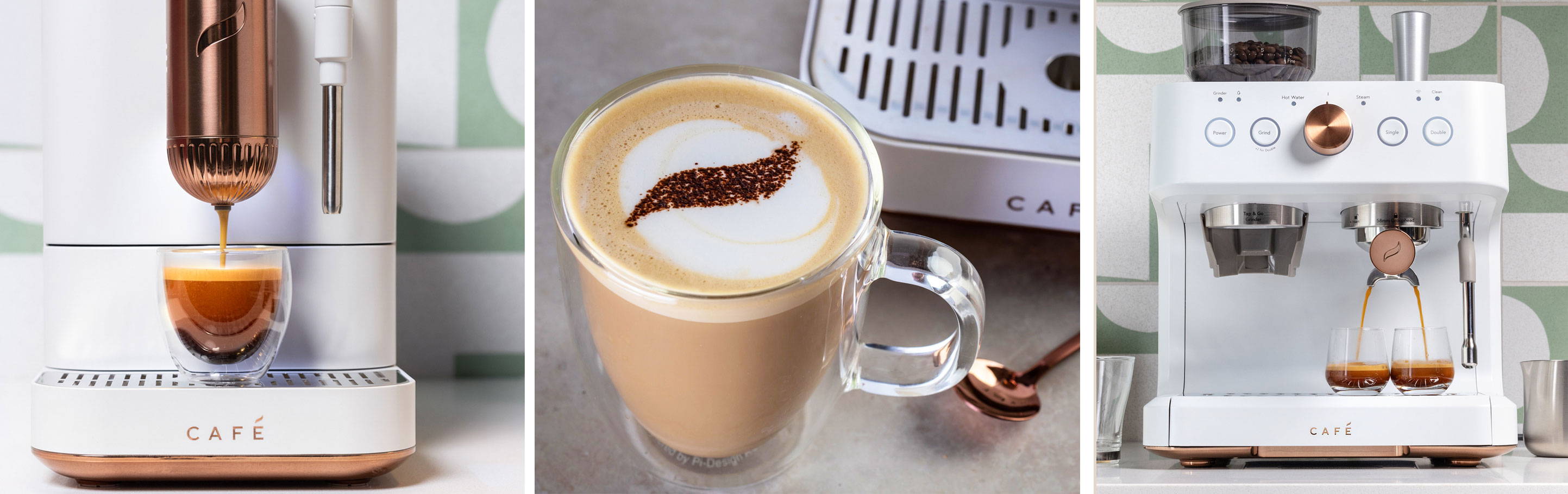 3 images: Affetto Automatic Espresso Machine, coffee cup with coco powder design, Bellisimo Semi-Auto Espresso Machine 