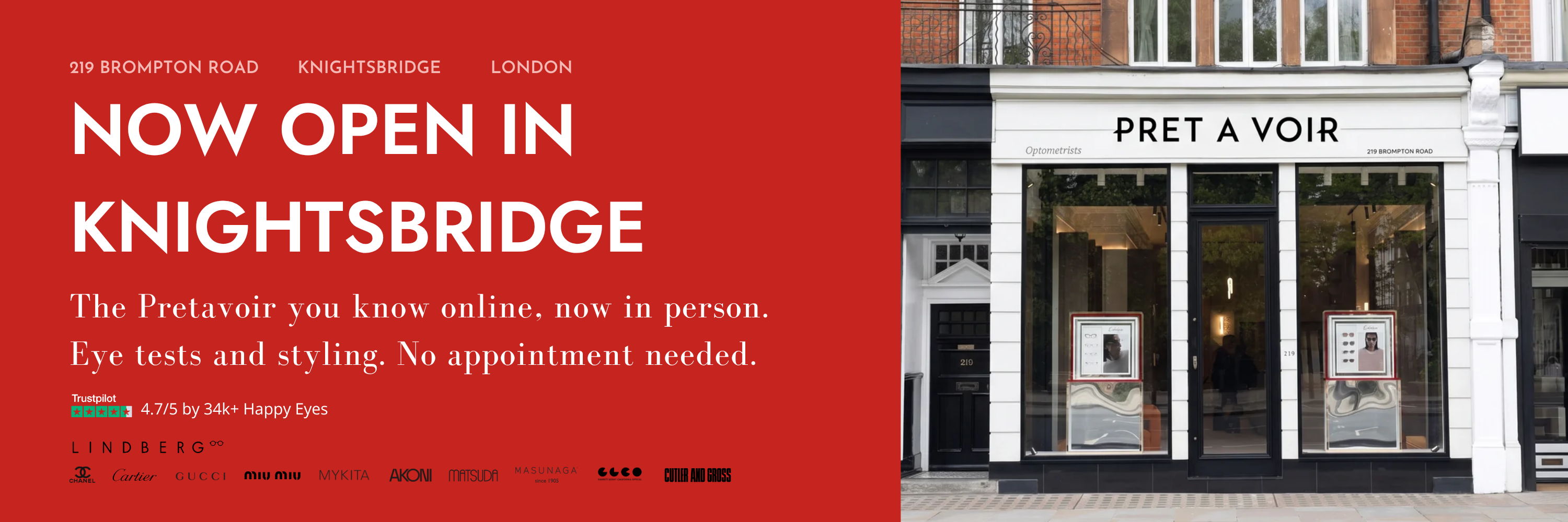 Storefront of Pret A Manger in Knightsbridge, announcing its opening.