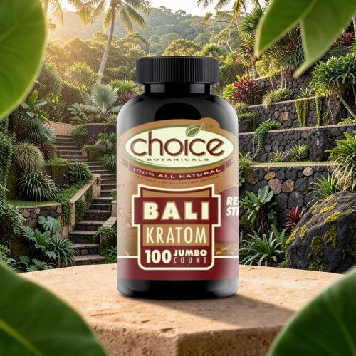 Bottle of Bali Kratom supplement in a tropical setting.