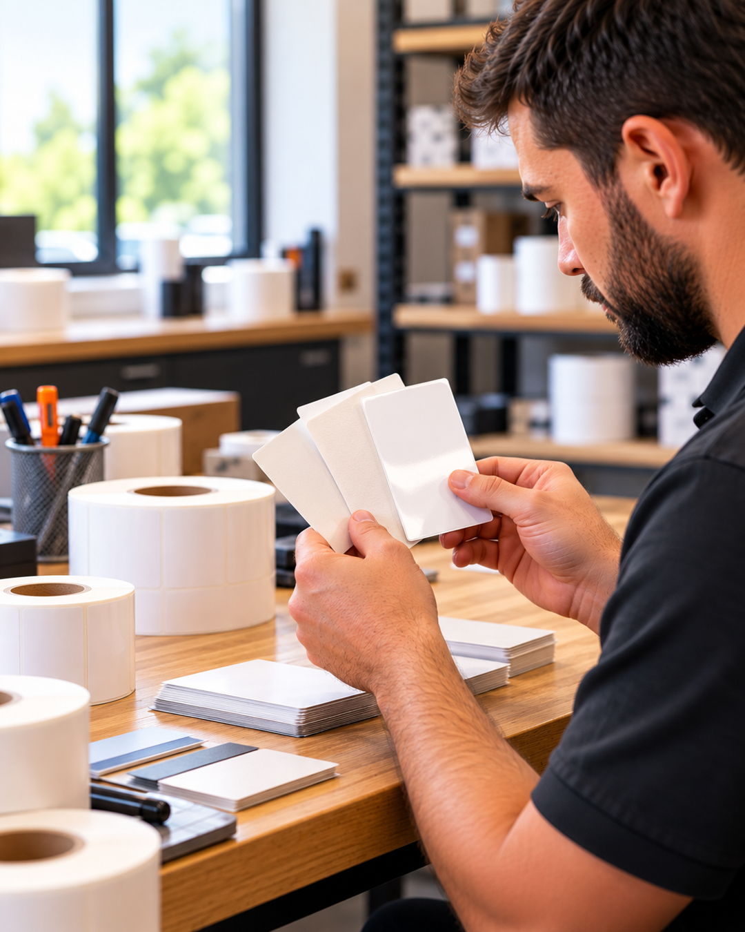 A label specialist comparing label stock at a workbench.