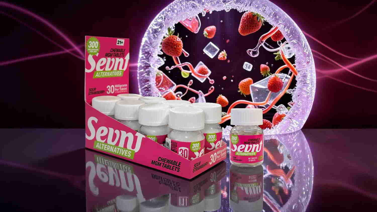 Bottles of Sevn! dietary supplement with a scientific background design.
