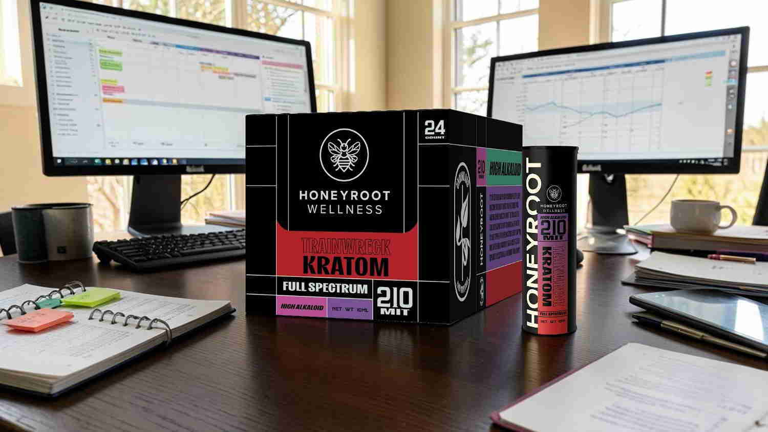 A box of product on a desk with monitors in the background.