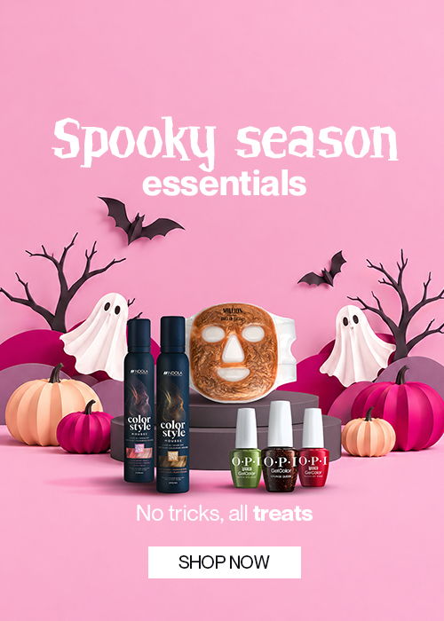 Spooky season essentials with pumpkins, ghosts, and beauty products. Shop now!