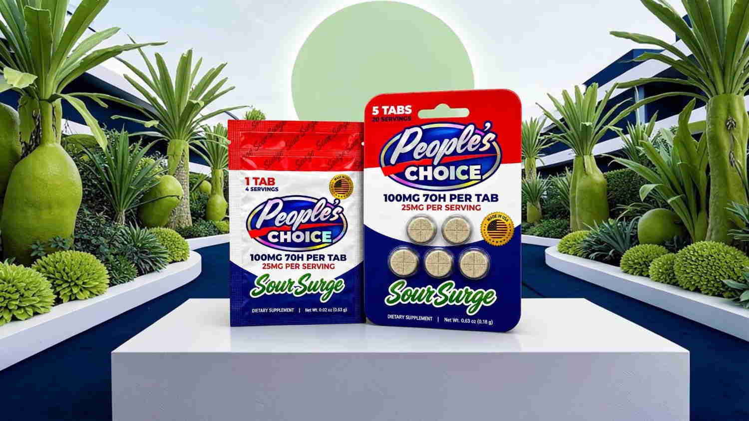 Two packages of People's Choice snacks displayed in a vibrant green setting.