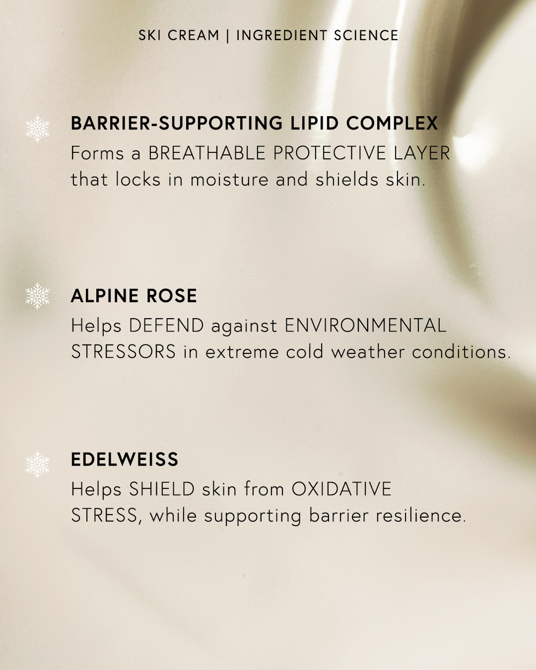 Text detailing benefits of ingredients in a ski cream product.