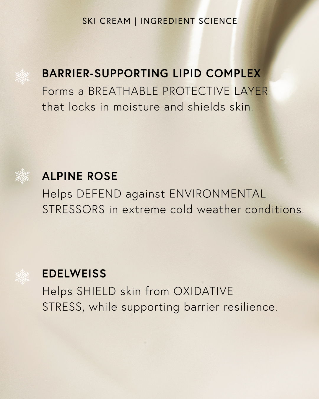 Text detailing benefits of ingredients in a ski cream product.