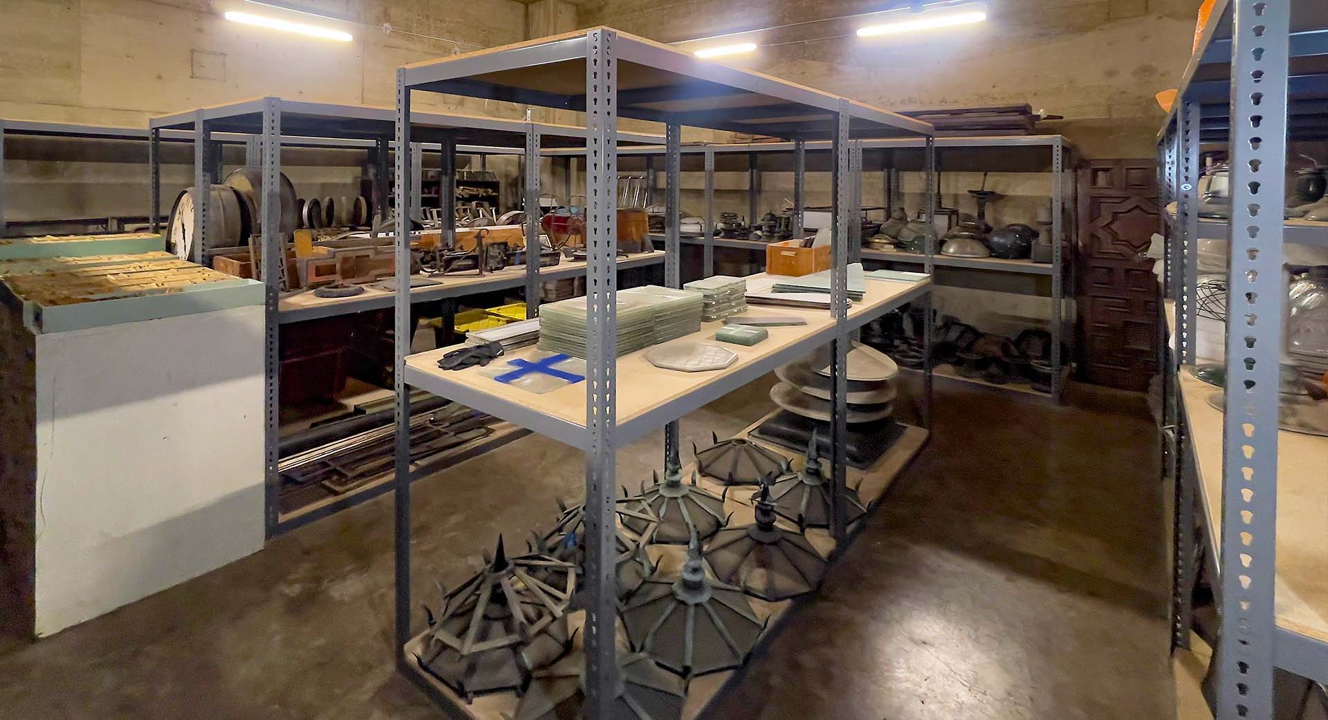 Interior image of a room in the Los Angeles Union Station clock tower where archived materials from the station's history are stored throughout the spaec.