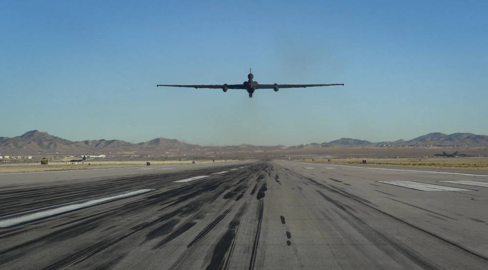 A Lockheed U-2, assigned to Beale Air Force Base, Calif., takes flight at Nellis Air Force Base, Nev. Long and narrow wings give the U-2 glider-like characteristics and allow it to quickly lift heavy sensor payloads to unmatched altitudes, keeping them there for extended periods of time. (U.S. Air Force photo by Airman 1st Class Bailee A. Darbasie)