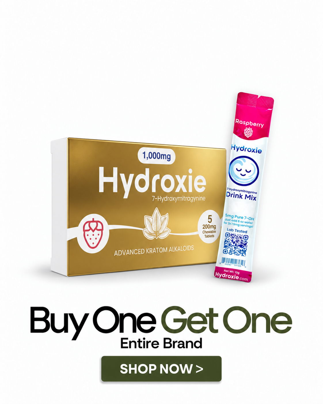 Hydroxie product packaging with promotional text for Buy One Get One offer.