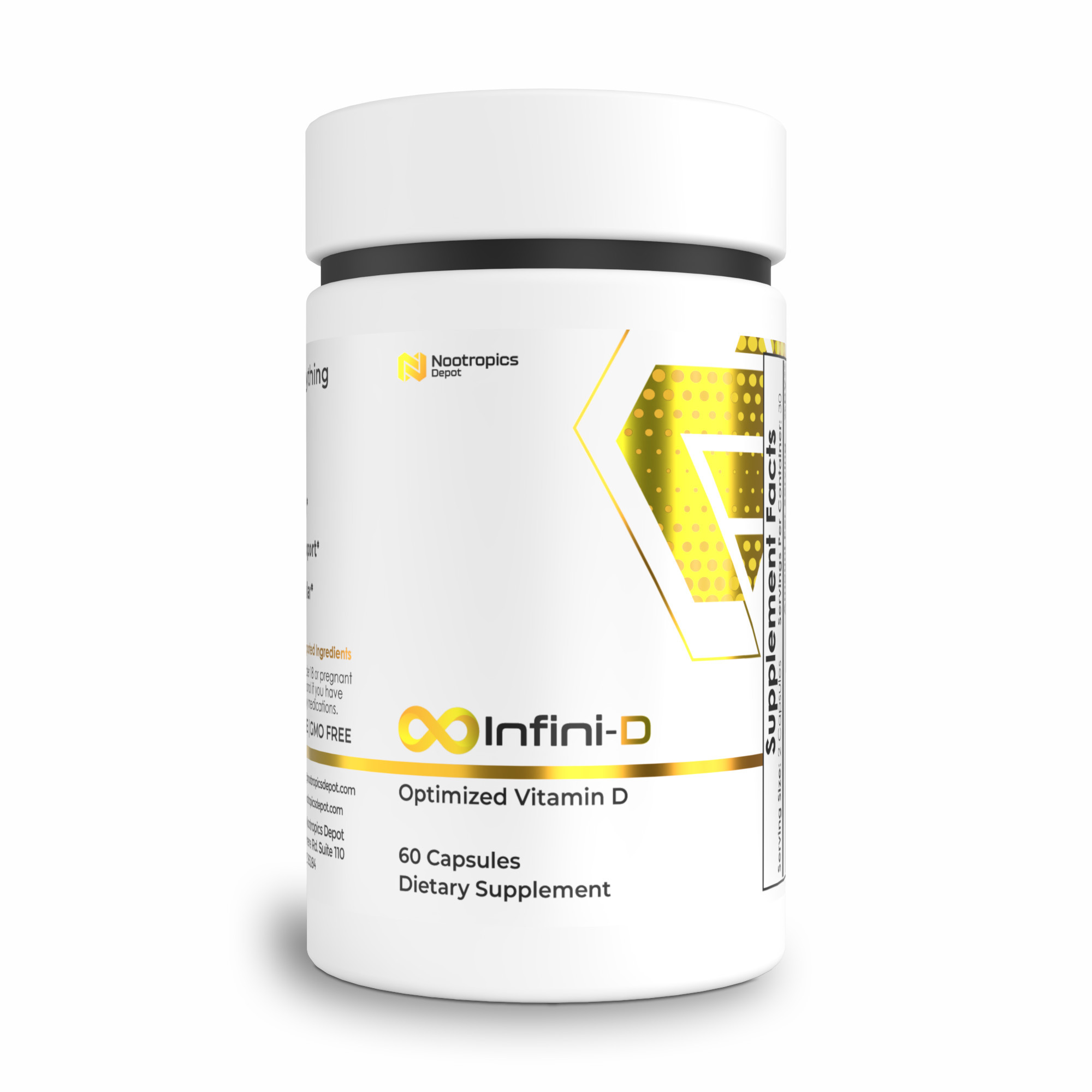 Container of Optimized Vitamin D dietary supplement with 60 capsules.