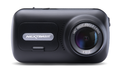 A black dash cam with a lens and brand logo.