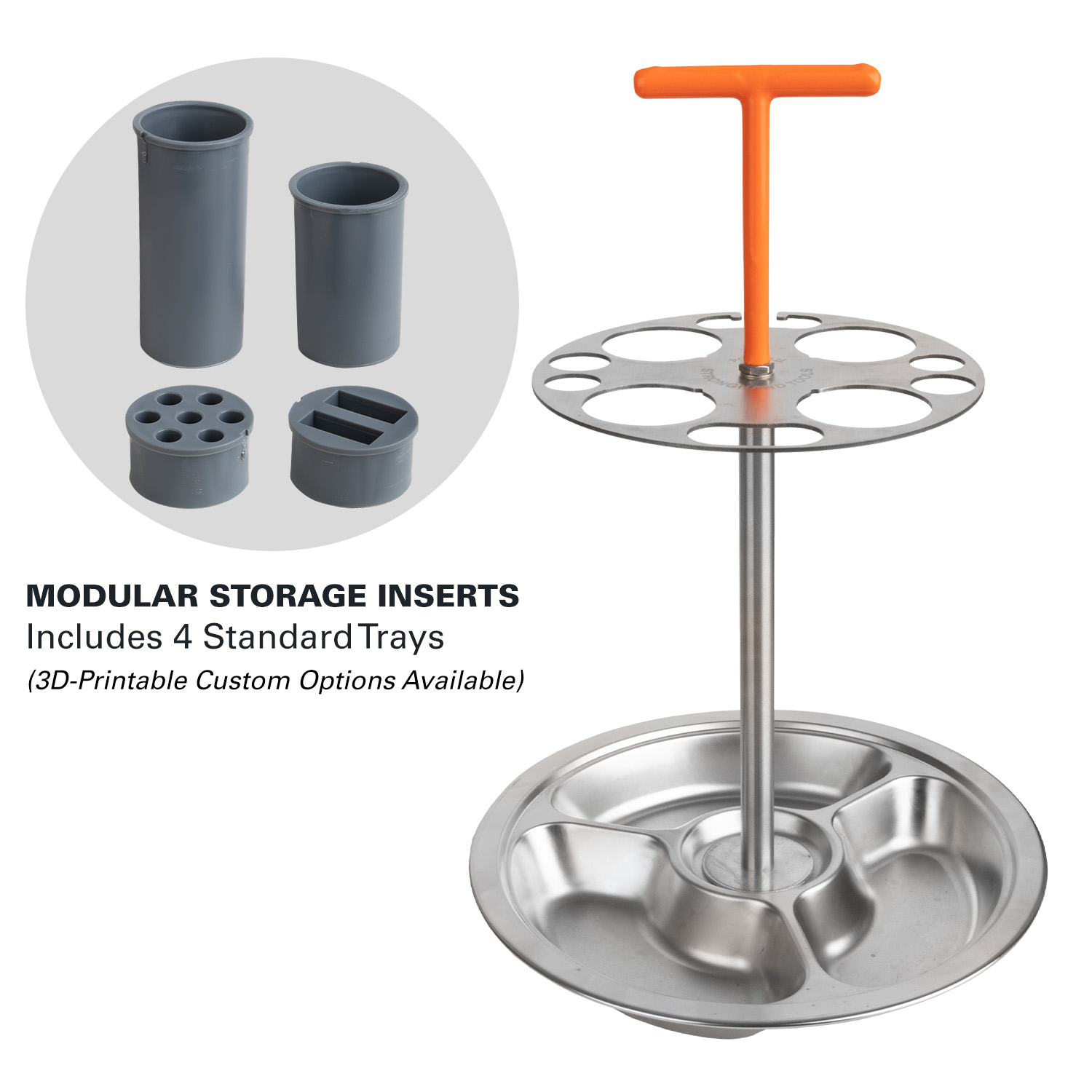 Modular storage inserts with four standard trays and 3D-printable custom options.