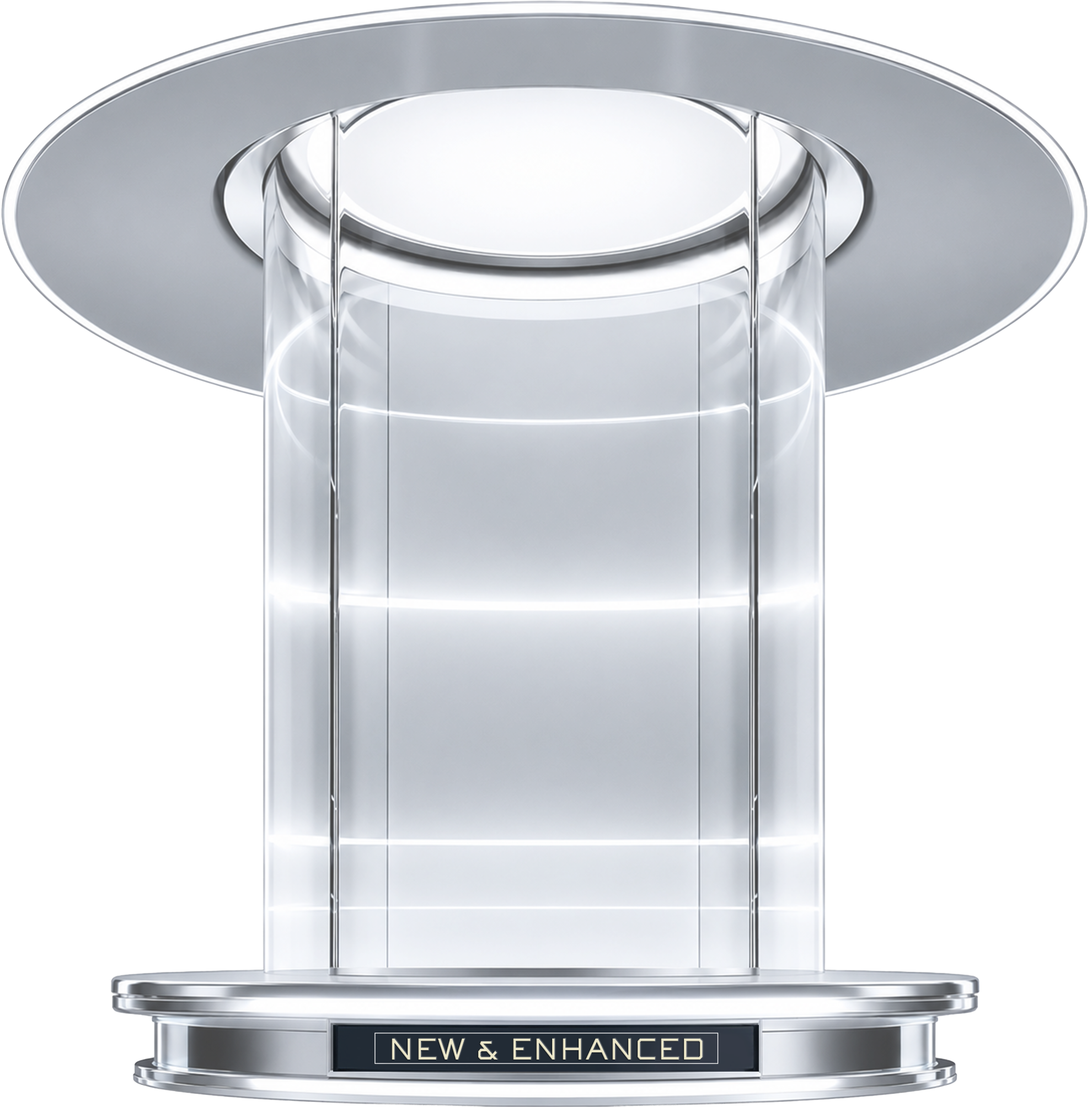 A sleek, modern display pedestal with a circular top and transparent column.