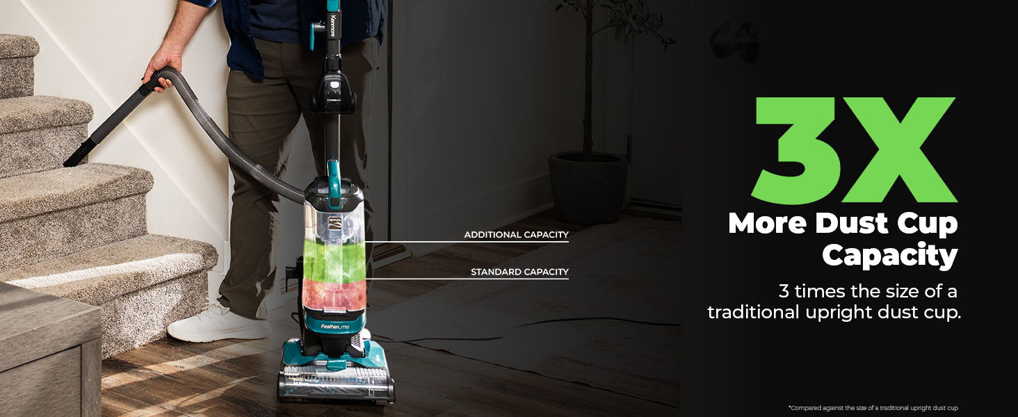 Vacuum cleaner with large dust cup capacity on stairs.