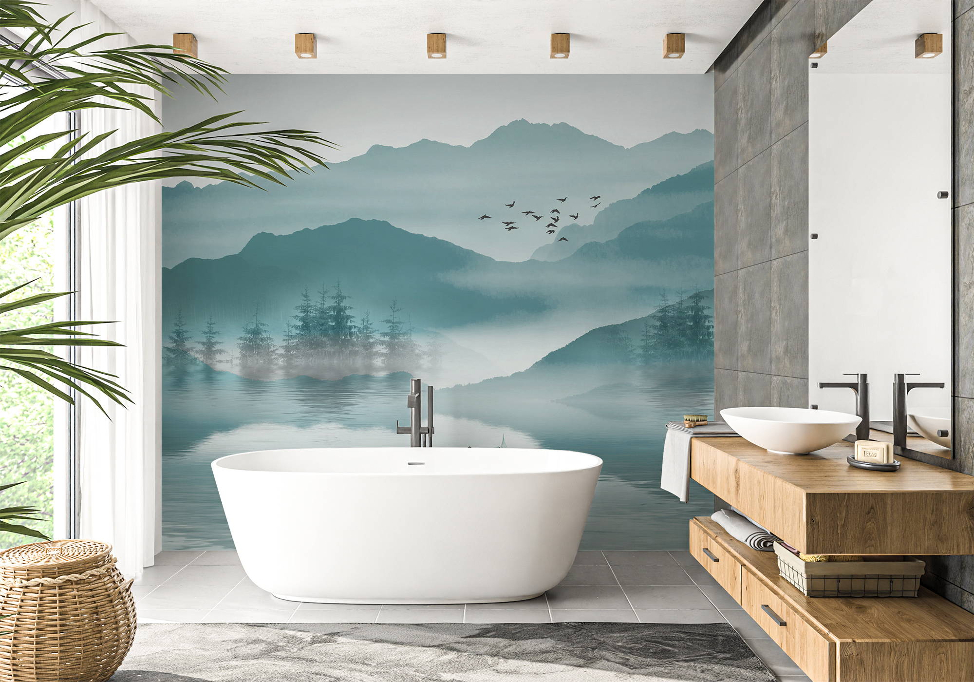 papier peint salle de bain entre lac et montagne