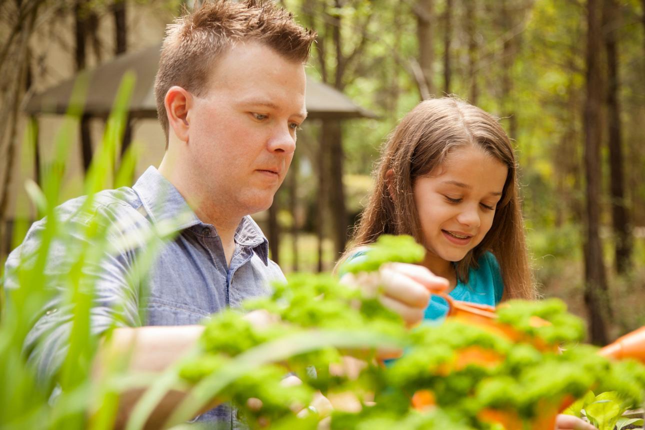 A man and a girl exploring nature together, surrounded by greenery.