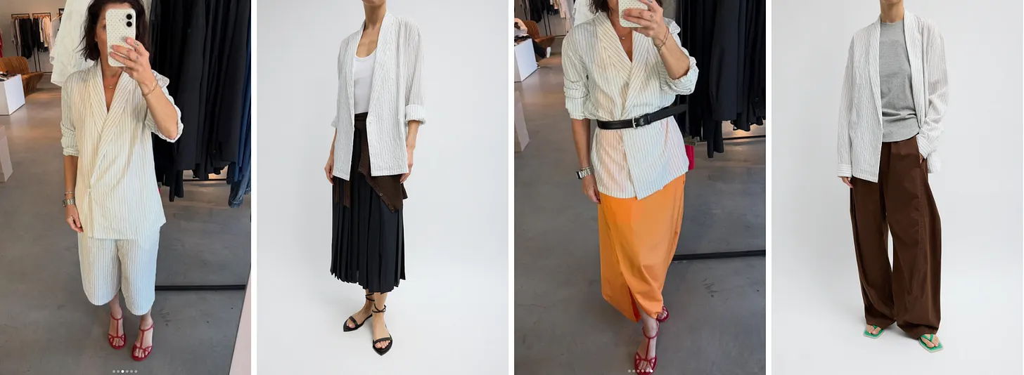 Four women modeling various outfits in a fashion setting.