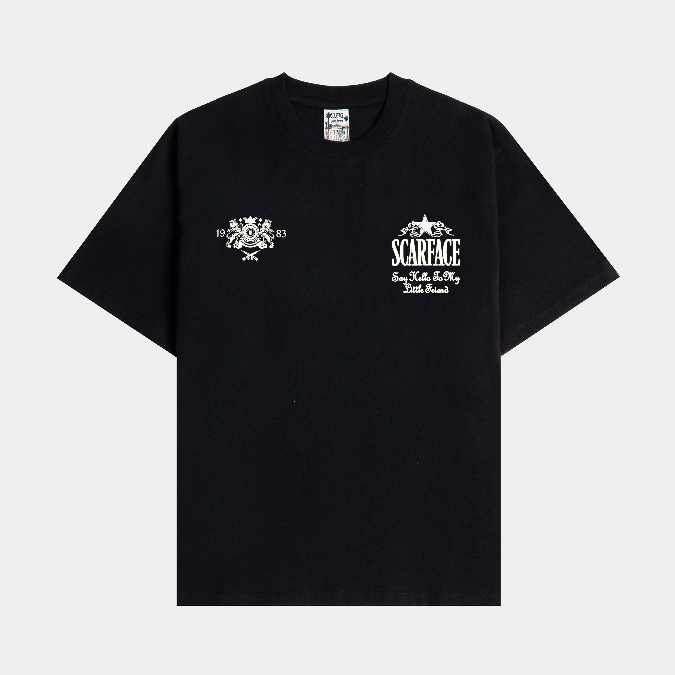 Black t-shirt with graphic designs on the front.