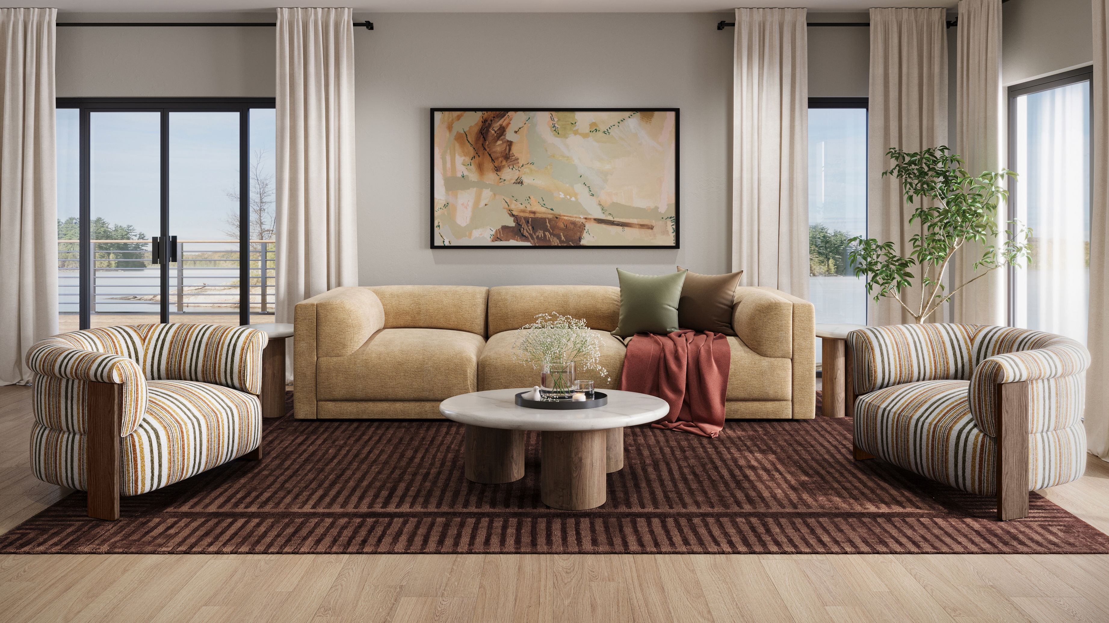 Modern living room with beige sofa, striped chairs, and a circular coffee table.