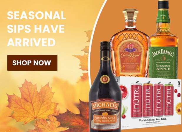 Seasonal drink promotions with various bottles and autumn leaves background.