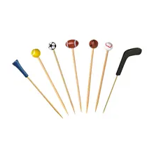Several sports themed bamboo skewers