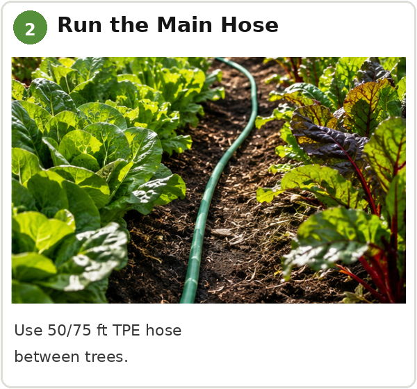 Hose running through a garden with leafy greens and colorful plants.
