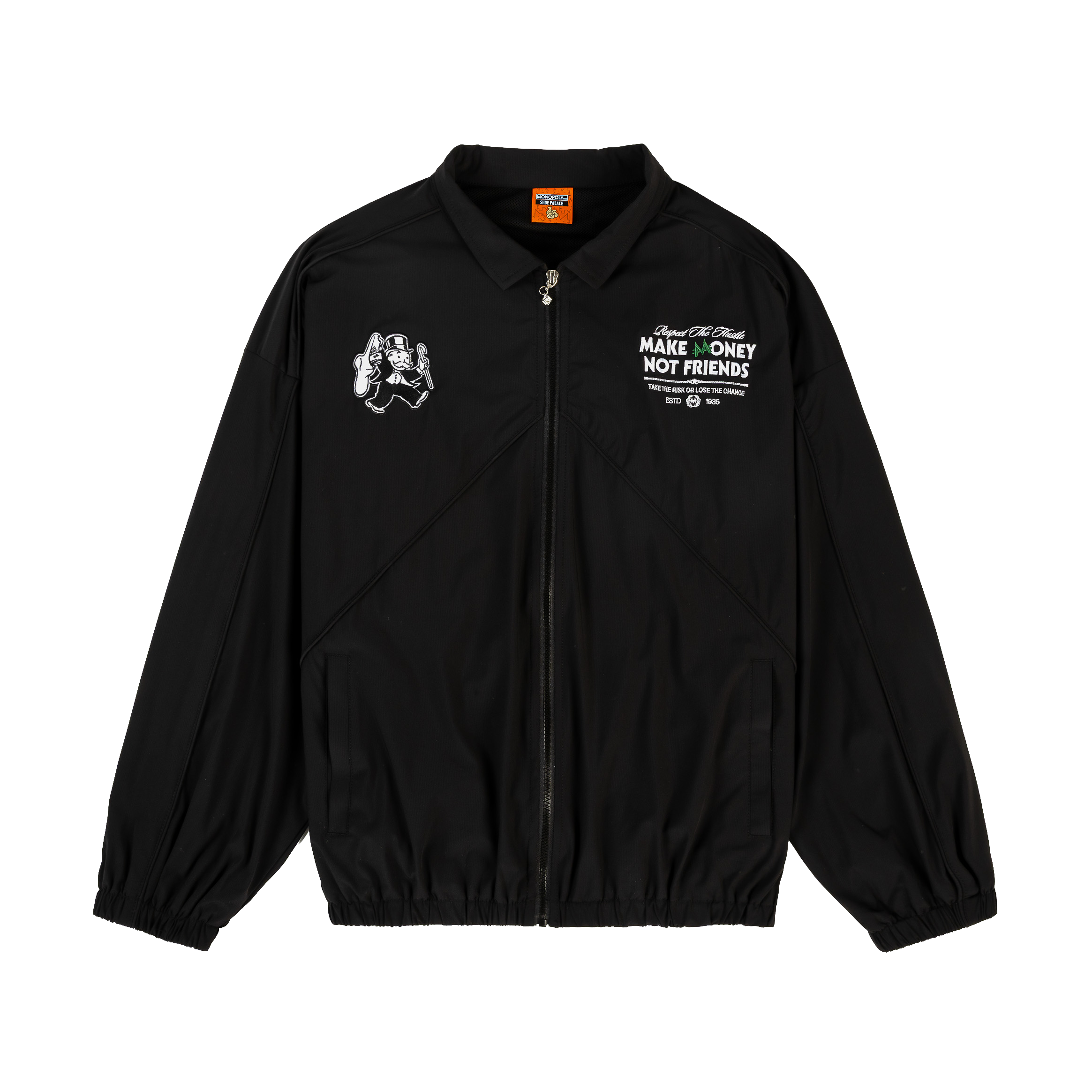 Black zip-up jacket with logo and text on the front.