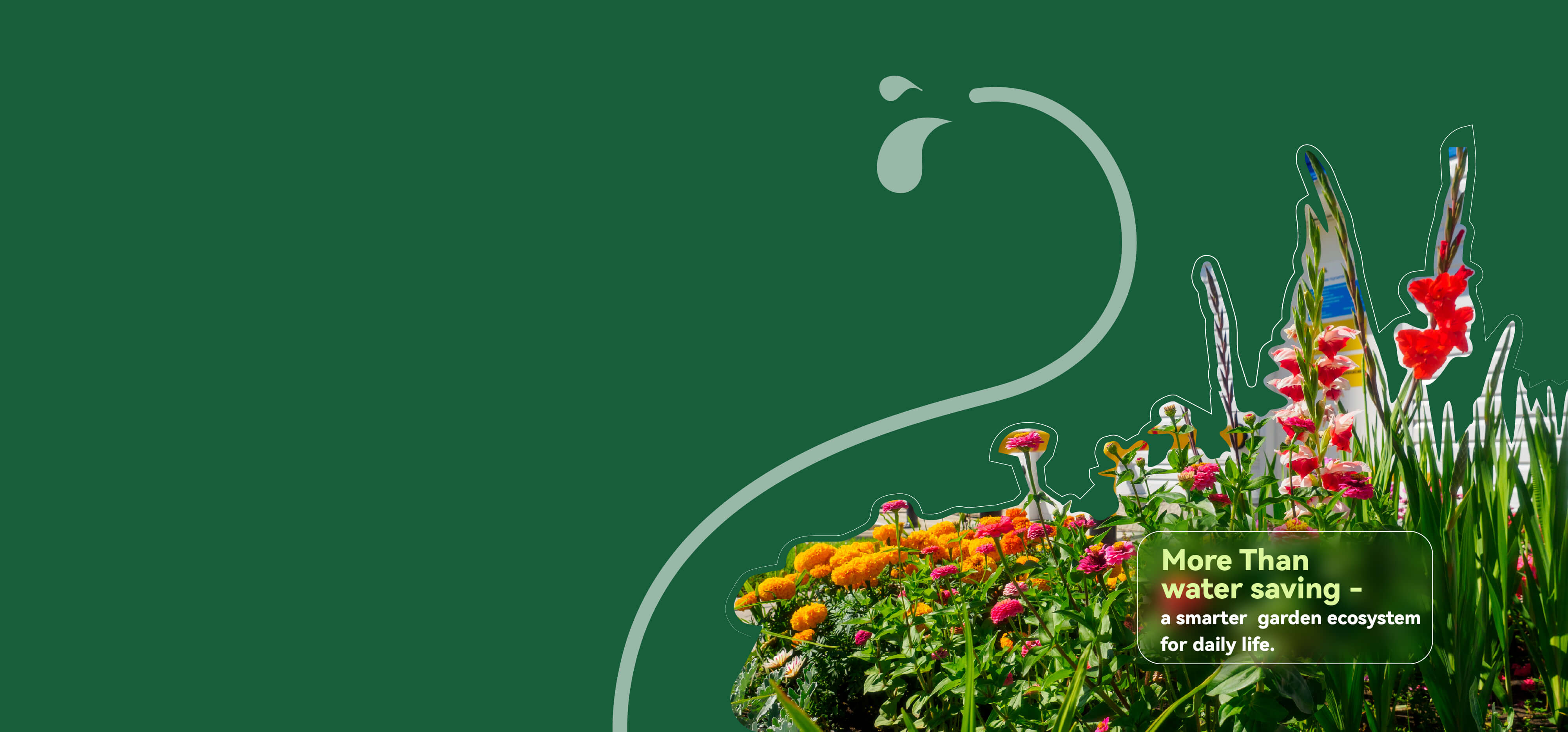 Colorful flowers against a green background with a decorative swirl design.