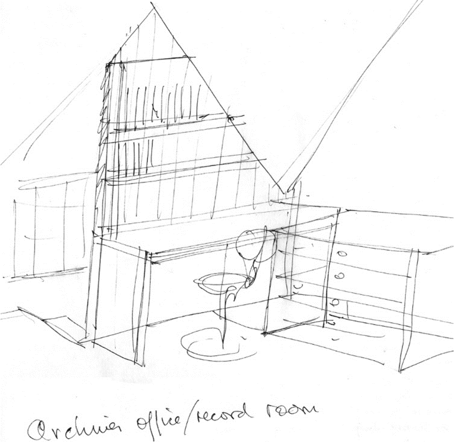 Drawing from the 1980s showing an ‘archive office’ or ‘record room’, annotated as a ‘place to keep relevant papers, drawings, photos’.