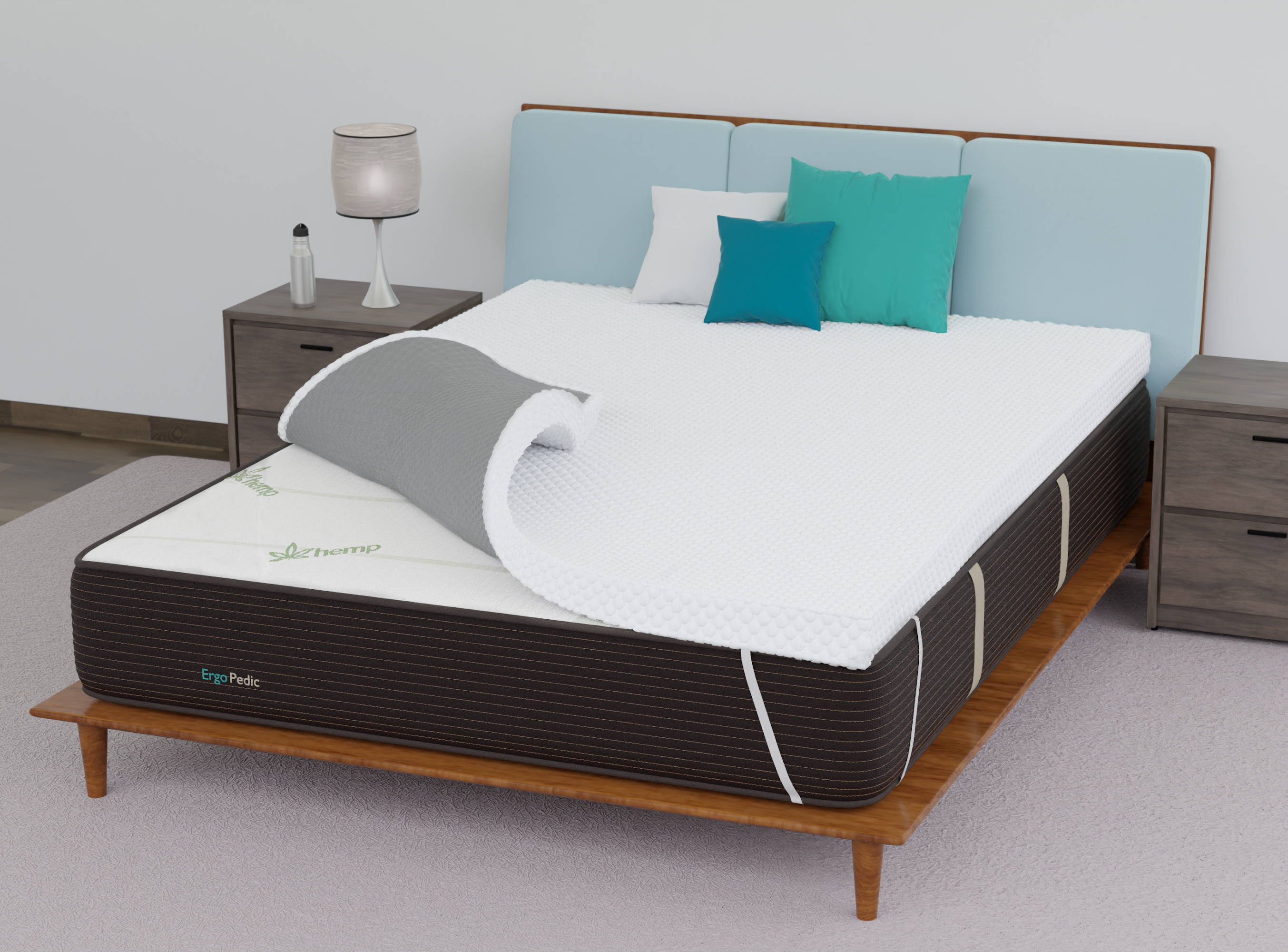 Soft comfortable mattress topper on a bed in a bedroom with the corner flipped up.