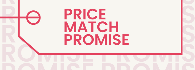 Price match promise tag with red text on a light background.
