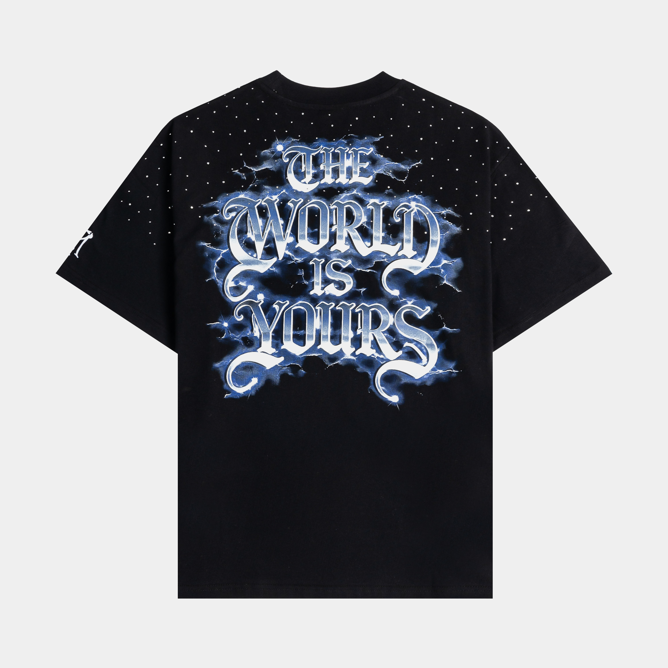 Black T-shirt with graphic design featuring a character holding a gun.