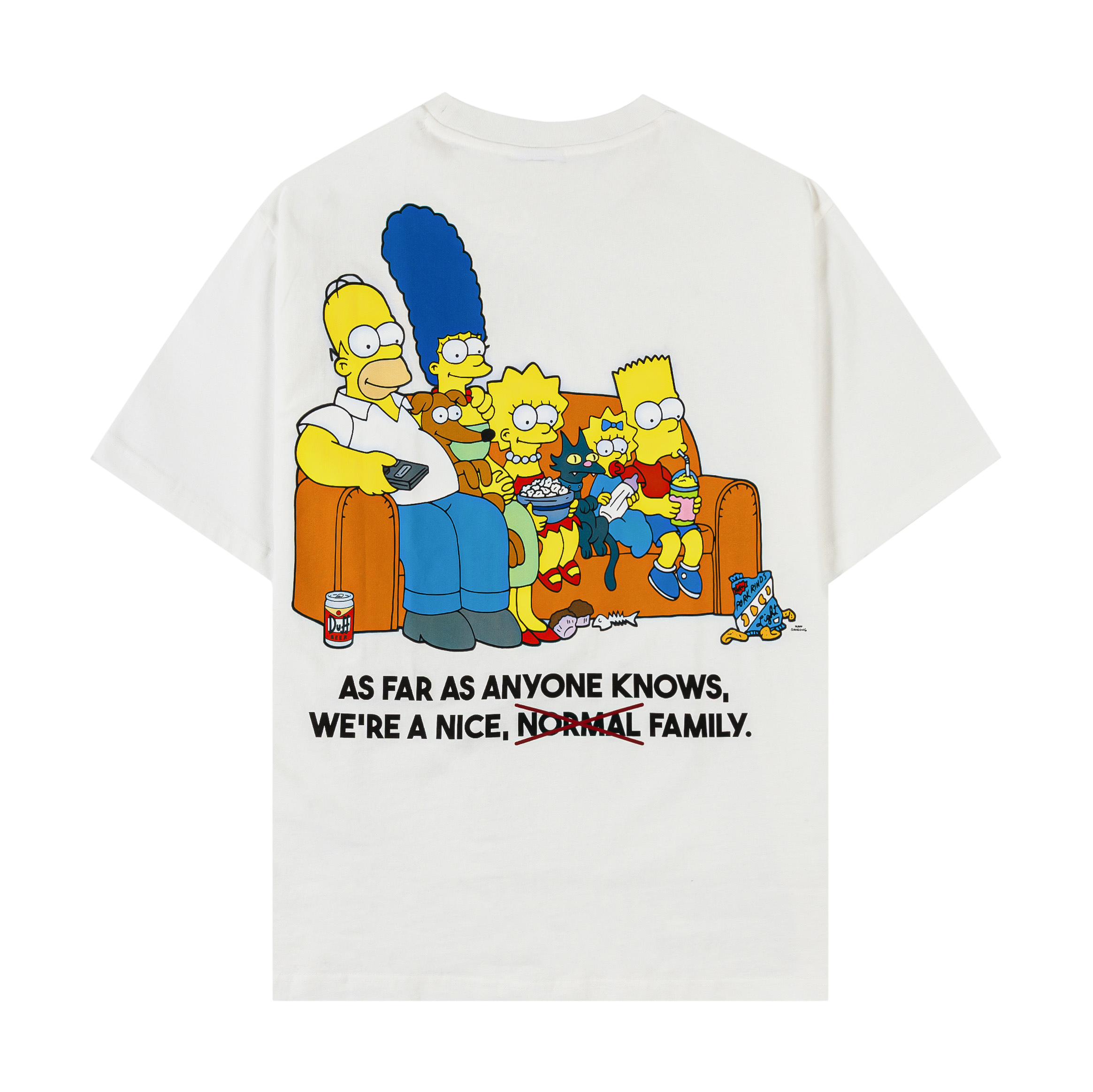 White t-shirt with graphic designs and text on the front.