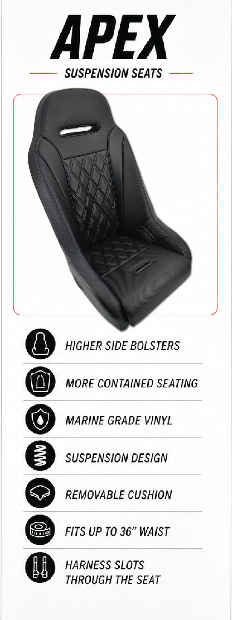 Black suspension seat with features listed on the side.