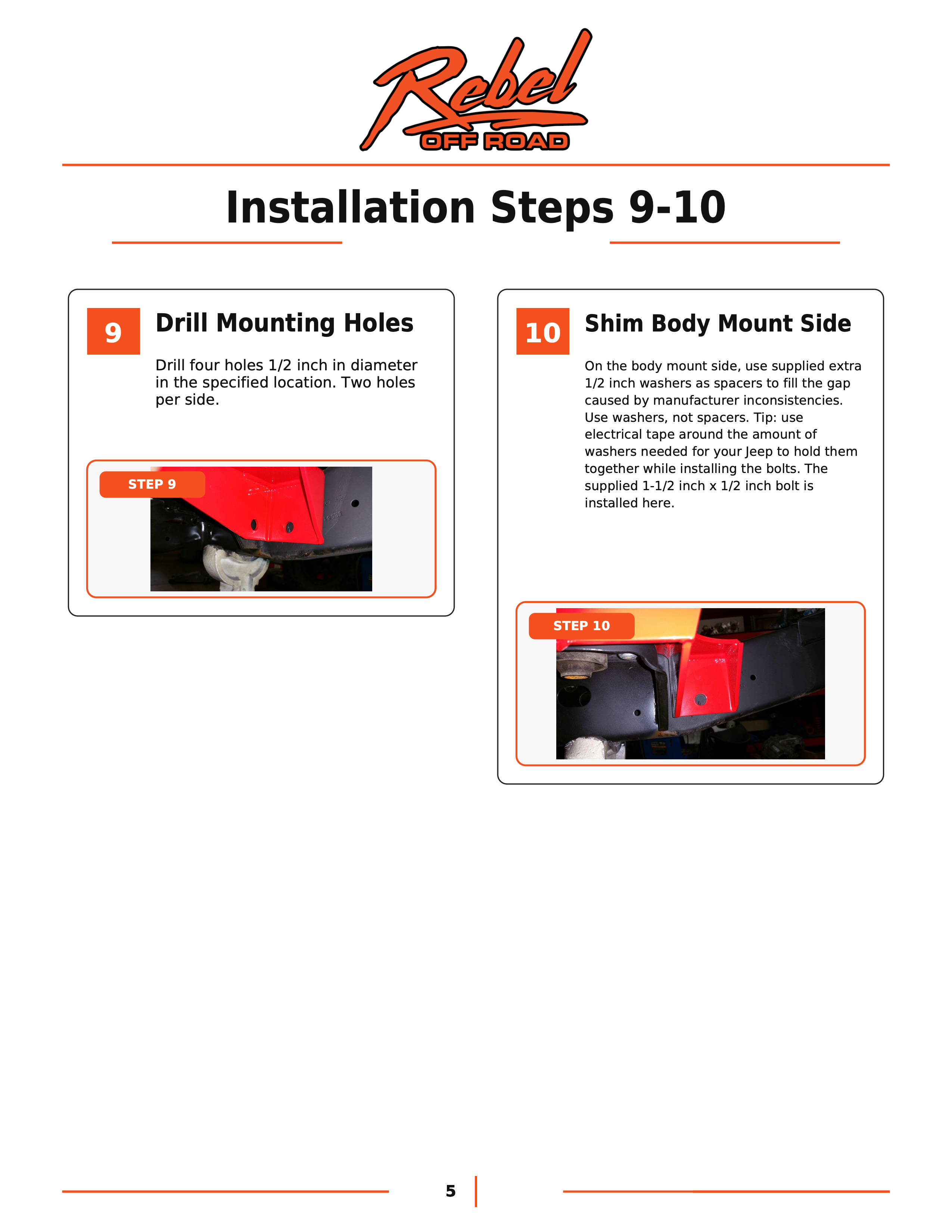 Installation steps 9-10 for drilling mounting holes and shimming body mount side.