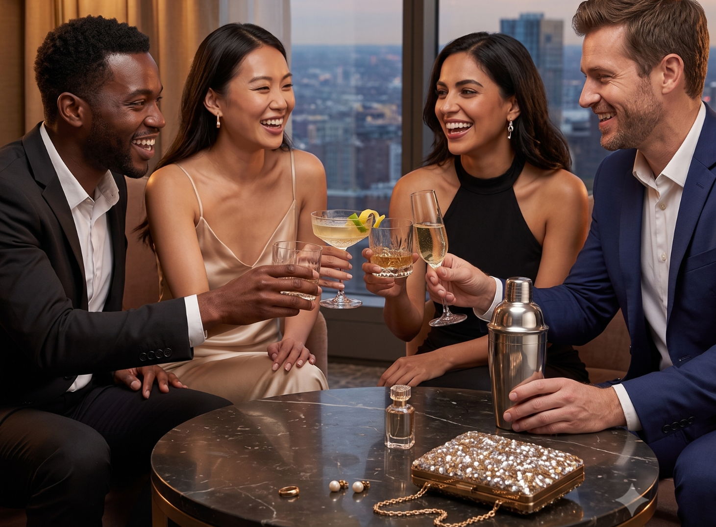 A group of men and women cheers'ing with drinks, in a high end hotel setting