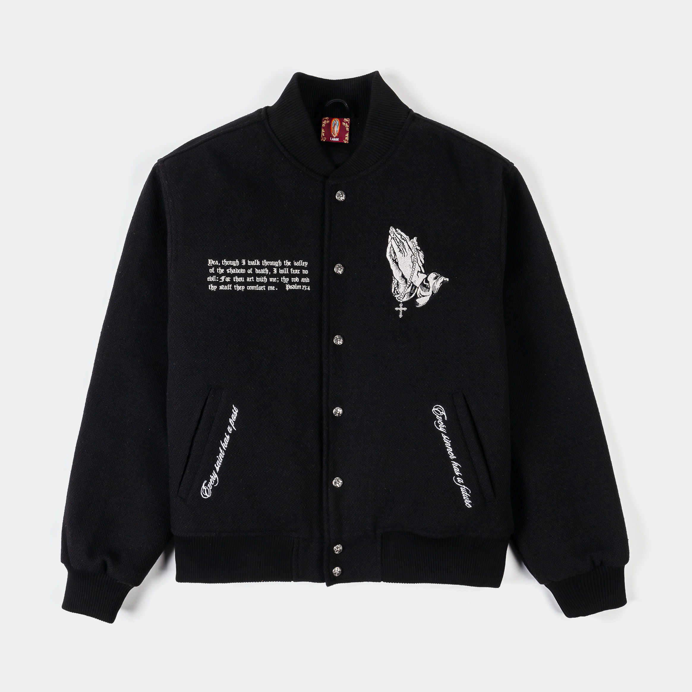 Black varsity jacket with graphic and text details on front and sleeves.