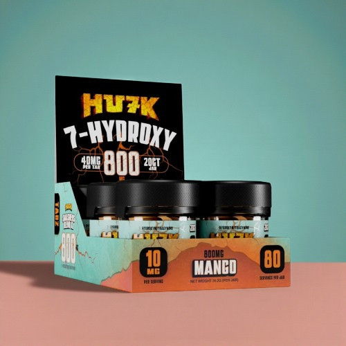 Product display of HUFK 7-HYDROXY with mango flavor jars.